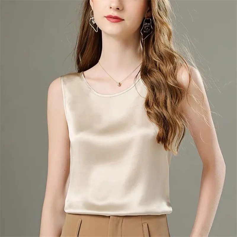 

Богемный Ацетатный атласный жилет, атласная рубашка без рукавов, базовые Роскошные топы, лето 2022, майка из искусственного шелка с круглым вы...