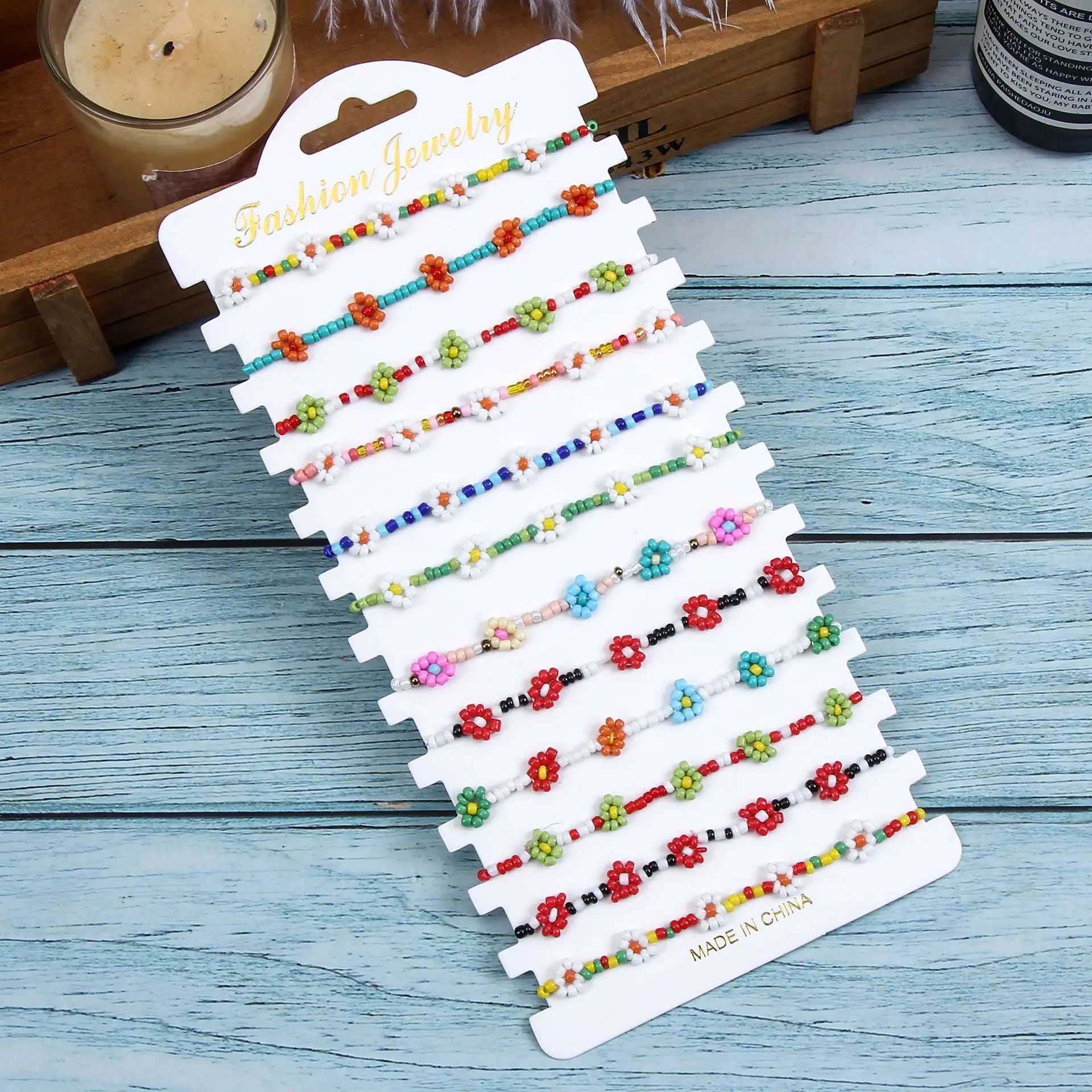 

12Pcs/Lot Colorful Rice Beads Flower Bracelets for Women Girl Trend Boho Handmade Elastic Rope Summer Fashion Party Jewelry Gift