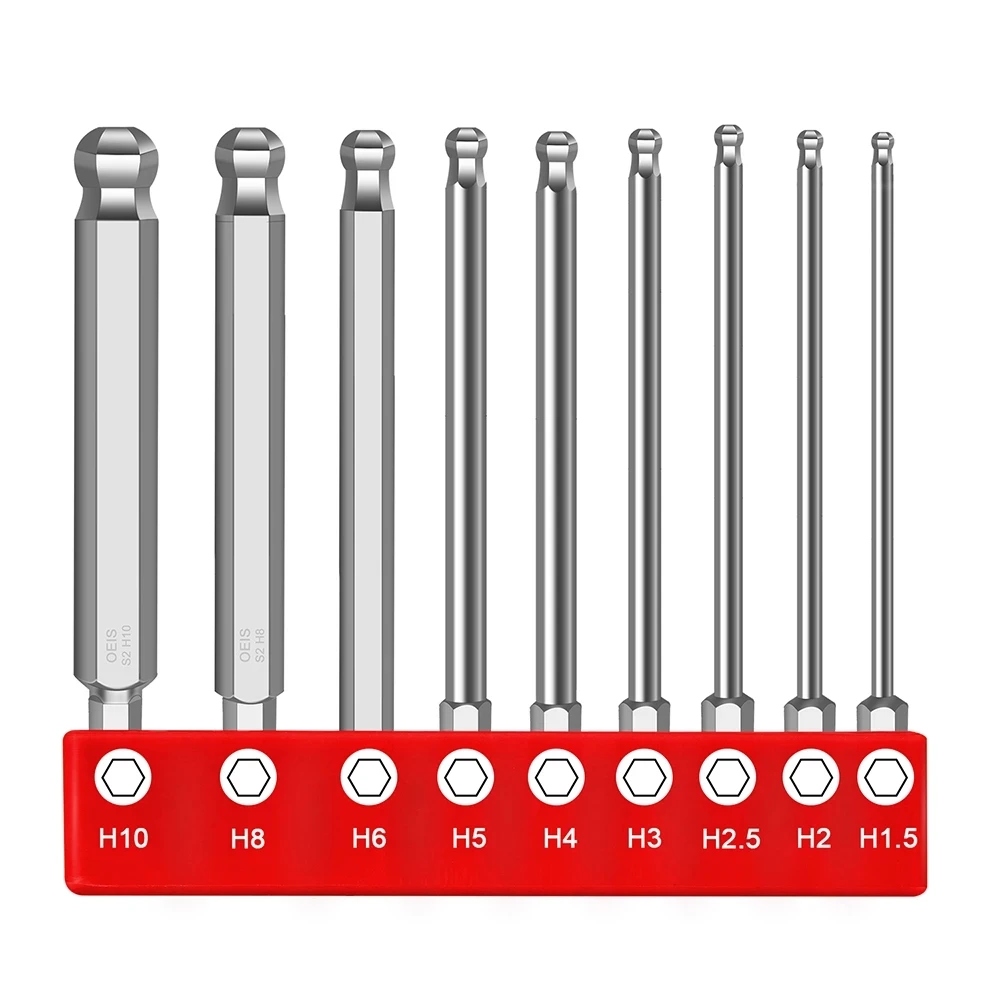 

1/4'' Hex Shank 9Pcs Ball End Hex Screwdriver Bit 50/75mm Magnetic Wrench Socket H10 / H8 / H6 / H5 / H4 / H3 / H2.5 / H2/ H1.5
