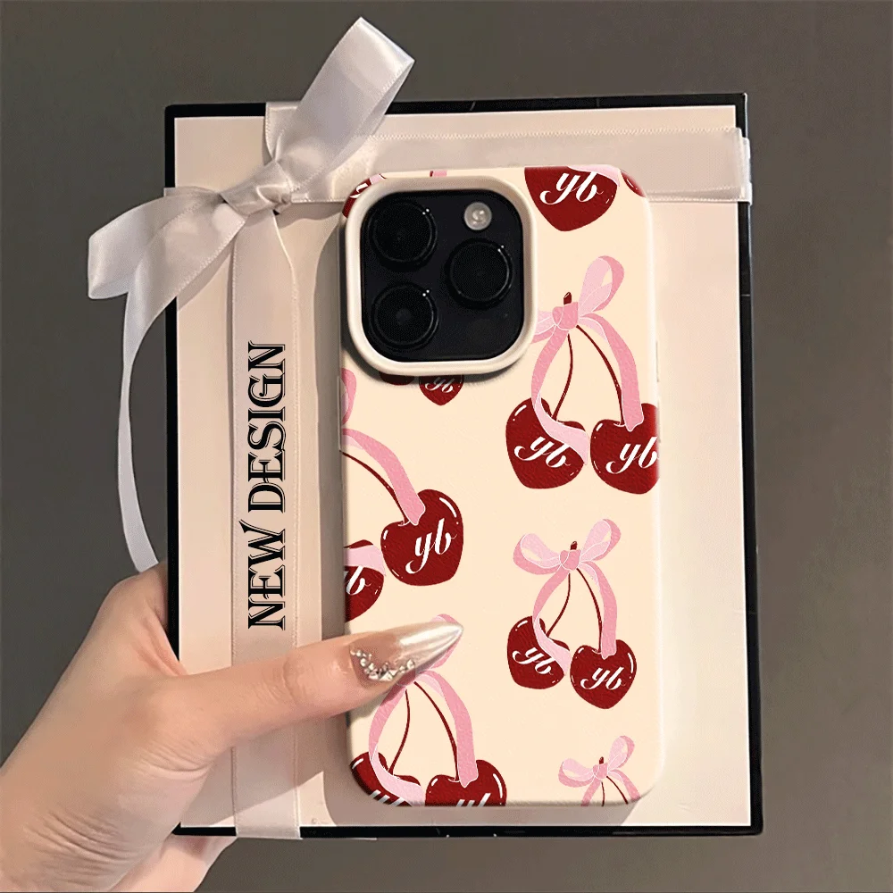 Фото Чехол для телефона из искусственной кожи с бантом и вишневым узором для iPhone 17 Air, 16 E, 15, 14 Plus, 13, 12, 11 Pro Max, XS Max, мягкий силиконовый чехол №5