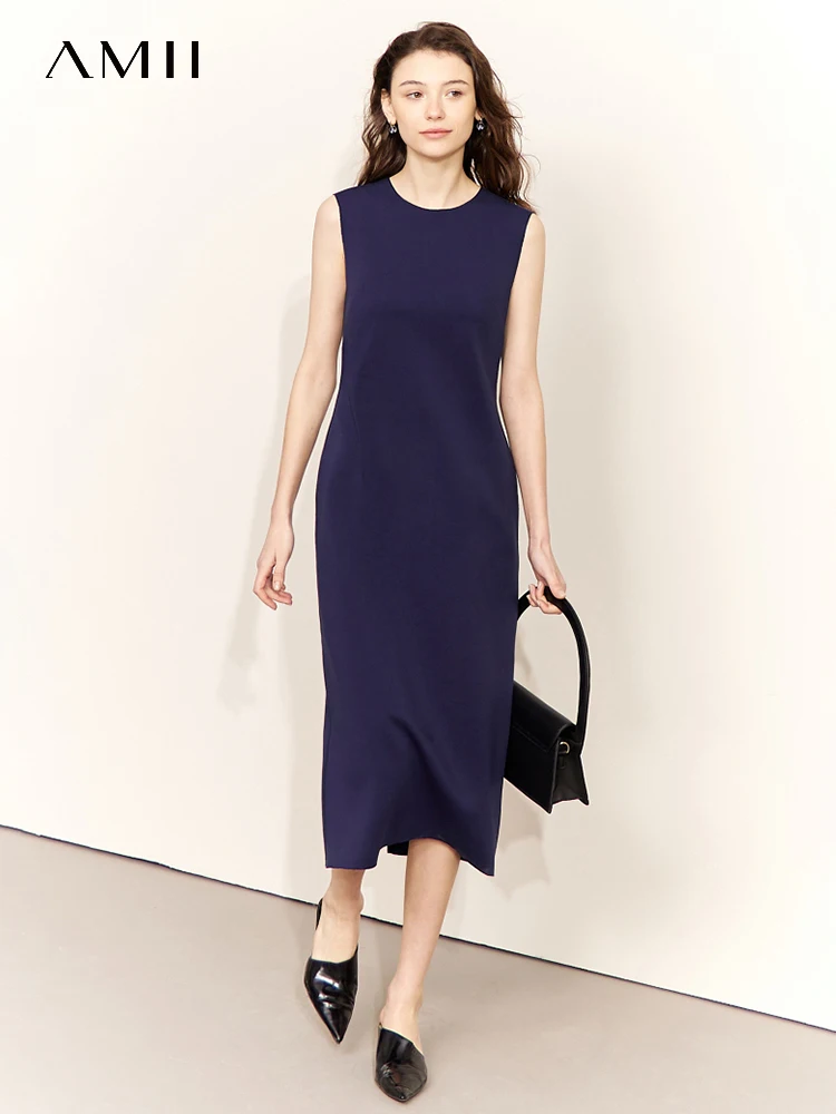 

AMII Minimalism Vest Dress 2023 Summer New Sleeveless A Line Tank Vestidos Pullover Split Hem Slim Fit Female Dresses 12341007