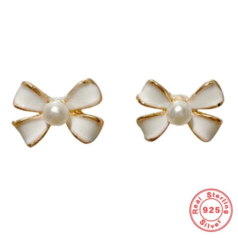

925 Sterling Silver Cute White Enamel Bow Stud Earrings for Girl French Retro Exquisite Pearl Earrings Fashion Jewelry