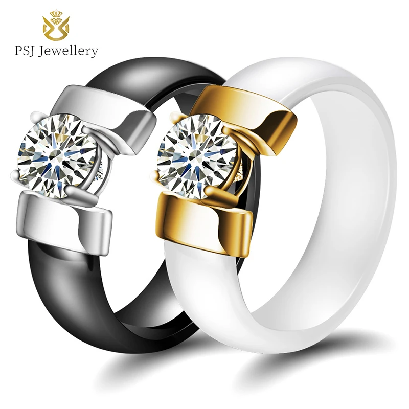 

PSJ Fashion Trendy Lovers' Jewelry 6MM White Cubic Zircon Black / White Ceramic Rings for Men Women Couples