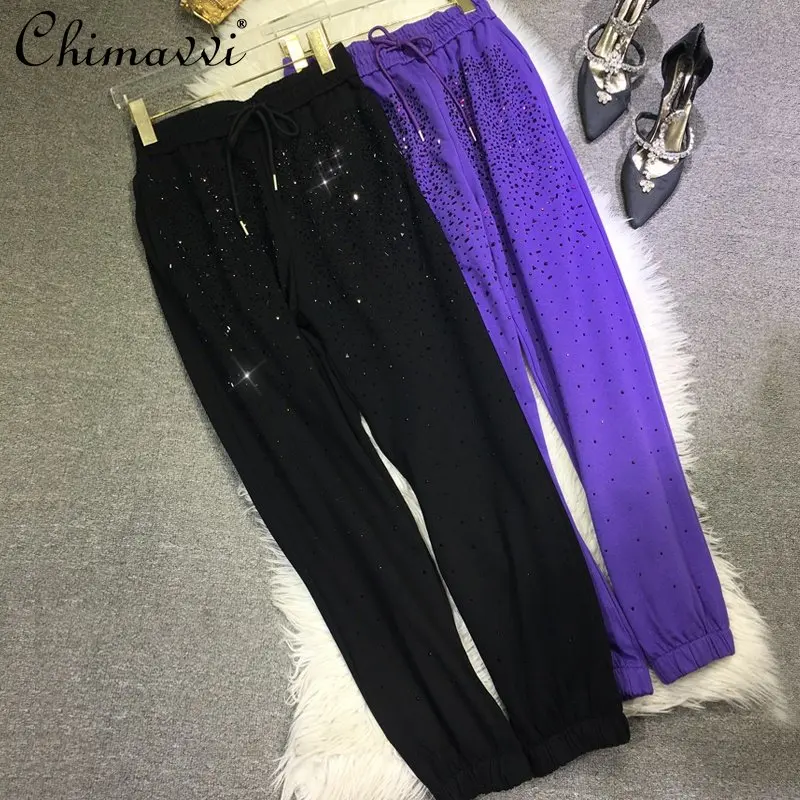 New Ladies European Fashion Embroidery Hot Drilling Sweatpants Women 2023 Spring High Waist Slimming Elastic Waist Sports Pants