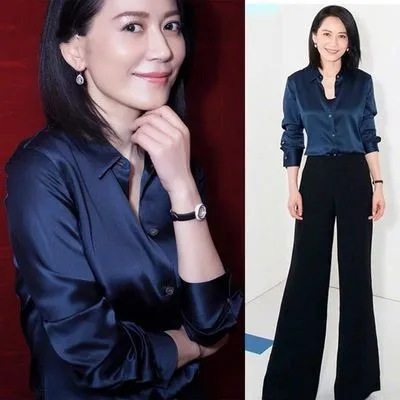 Lily Official Flagship Store Star Sle! Satin Silk Shirt Long sleeve Cardigan Women Spring and Autumn New Polo Collar