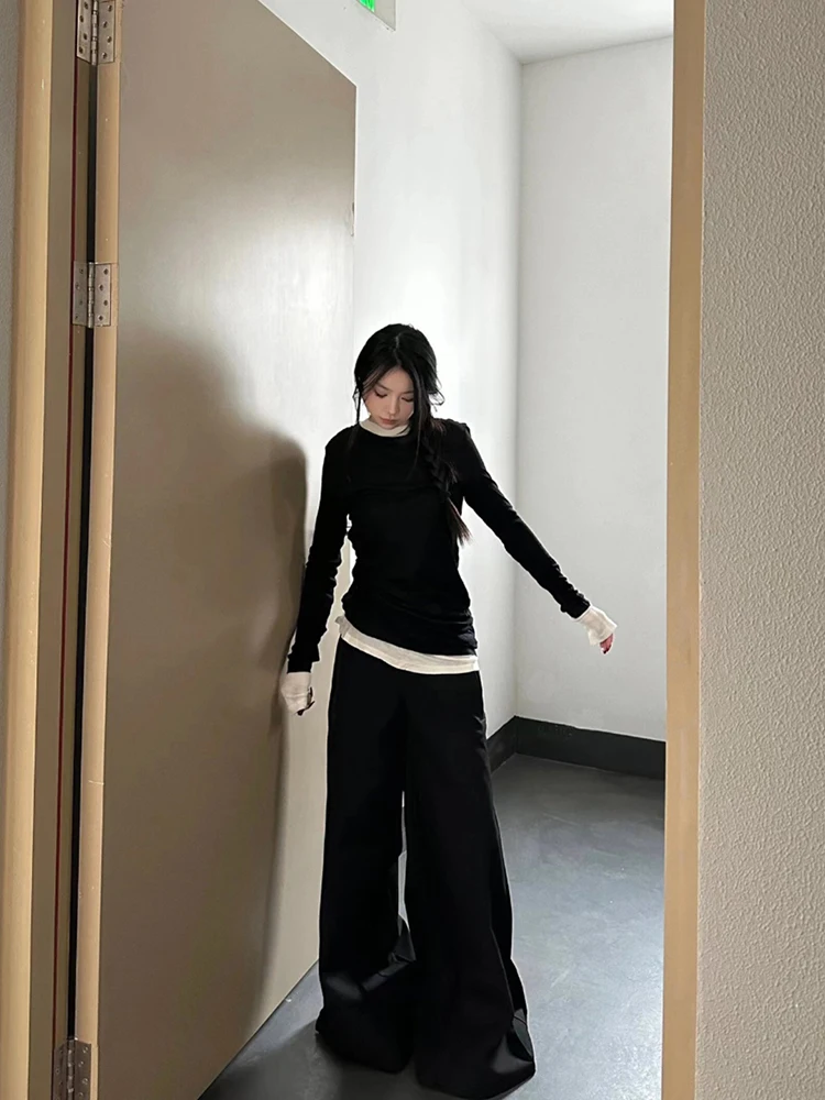 Женская рубашка с длинным рукавом черная Облегающая имитацией двух предметов