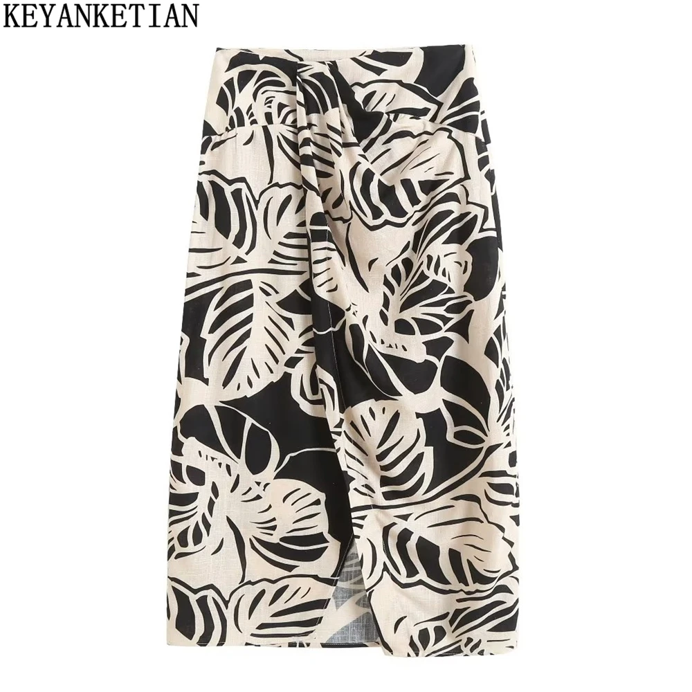 

KEYANKETIAN women's linen print skirt spring and autumn new products asymmetric slit commuter zipper high waist midi skirt