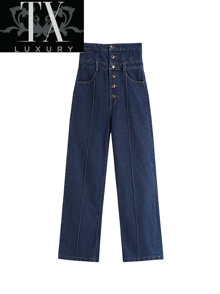 

Jeans Femme Vintage Blue Denim Pants Autumn Fashion High Waist Button Up Straight Baggy Streetwear All-Match Solid Trousers