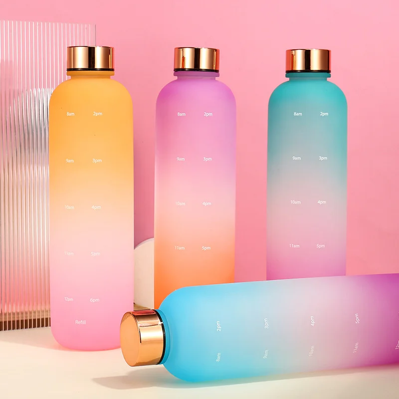 

1L Gradient Water Bottle with Time Marker 32 Oz Motivational Reusable Fitness Sports Outdoors Travel Leakproof Frosted Plastic