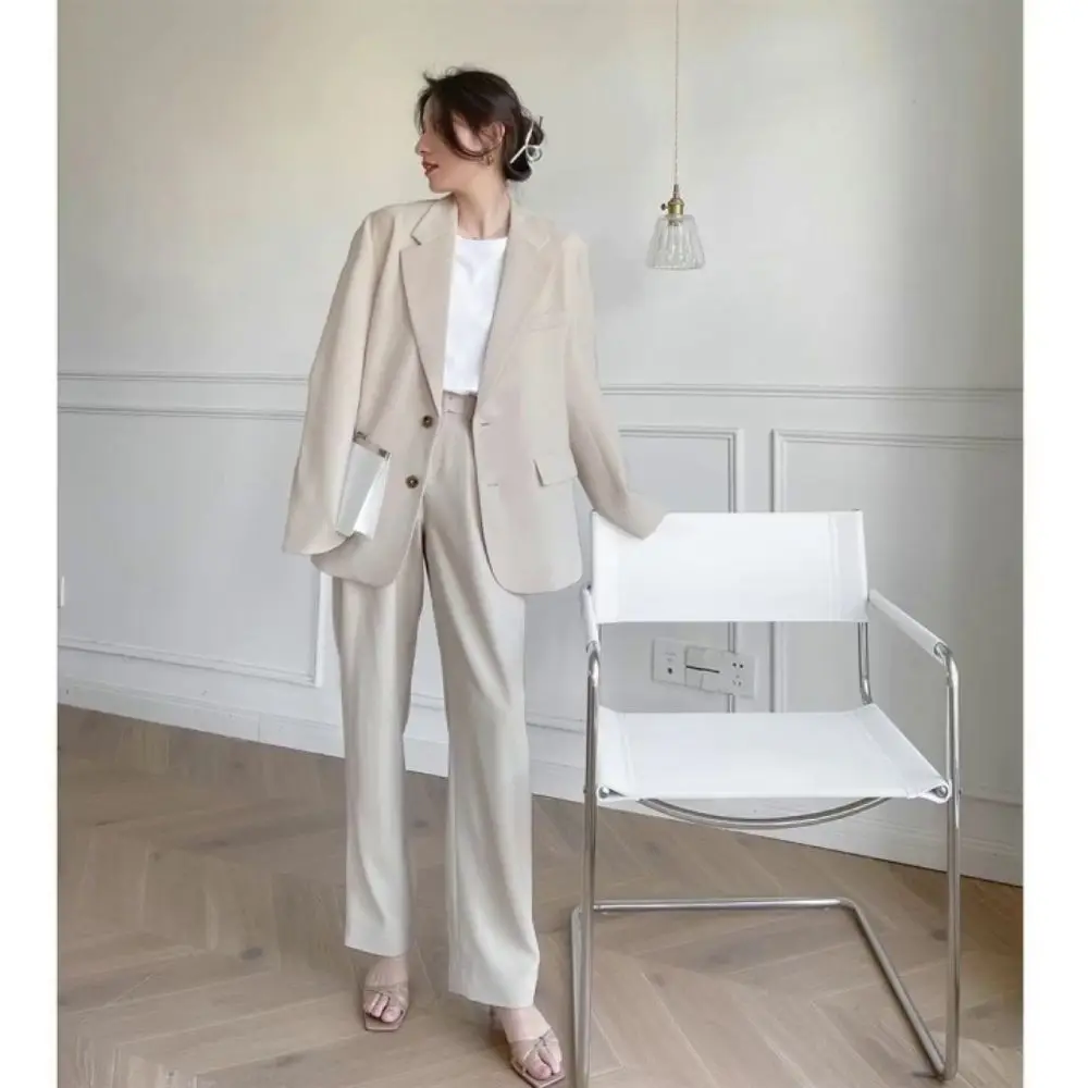 Solid Color Pants Suits Female Fashion Temperament 2023 Spring Summer New Loose Blazers & Straight Leg Trousers All-match Set