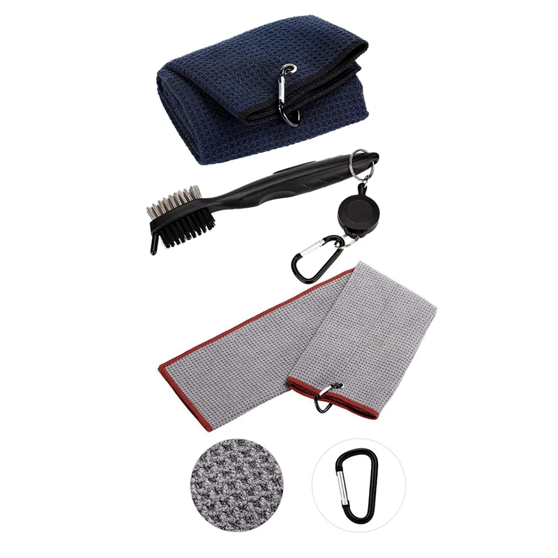 

2 Set Pure Cotton Golf Towel Brush Tool Kit With Club Groove Cleaner Retractable Extension Cord And Clip, Grey & Black