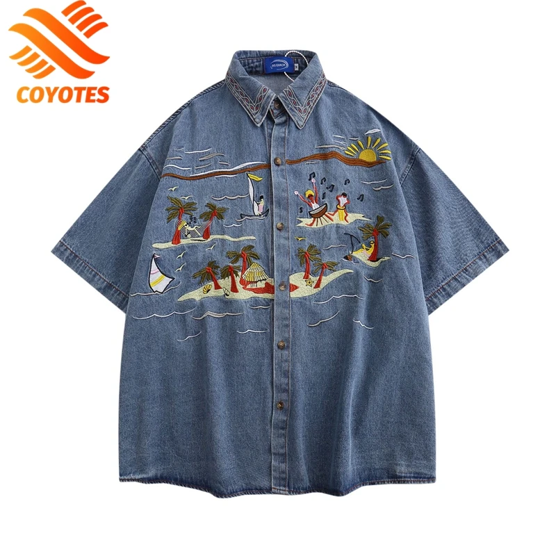 

COYOTES Harajuku Denim Shirt Y2K Embroidery Coconut Tree Jean Shirts Short Sleeve Summer Fashion Hip Hop Cotton Loose Beach Tops