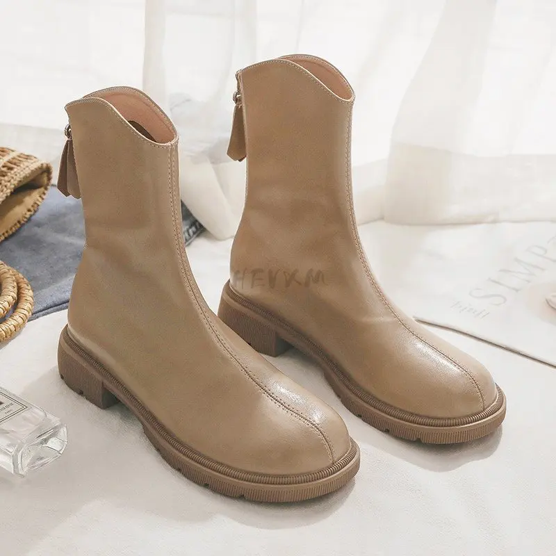 

2023 Women's Boots New Winter Solid Pu Leather Fashion Ankle Ladies Outdoor Party Pumps Round Toe Zapatilla Mujer Zip