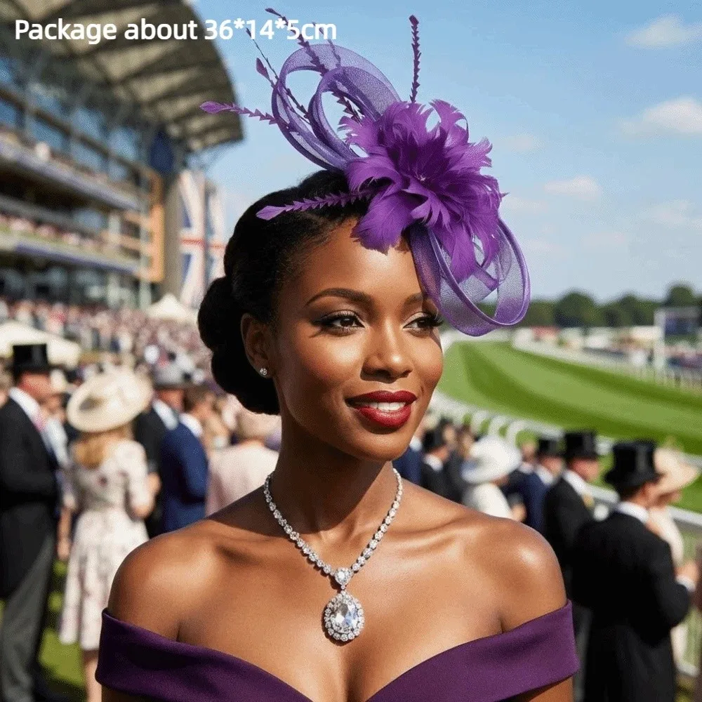 Фото Элегантный винтажный головной убор для женщин на скачки Royal Ascot: шляпка-фасцинатор с цветами и сеткой, аксессуар для волос №5