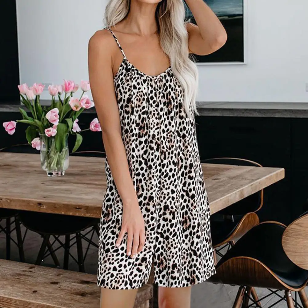 

V Neck Leopard Tie Dye Print Playsuits Summer Sleeveless Women Short Romper Beach Vacation High Street Romper Plus Size Overall