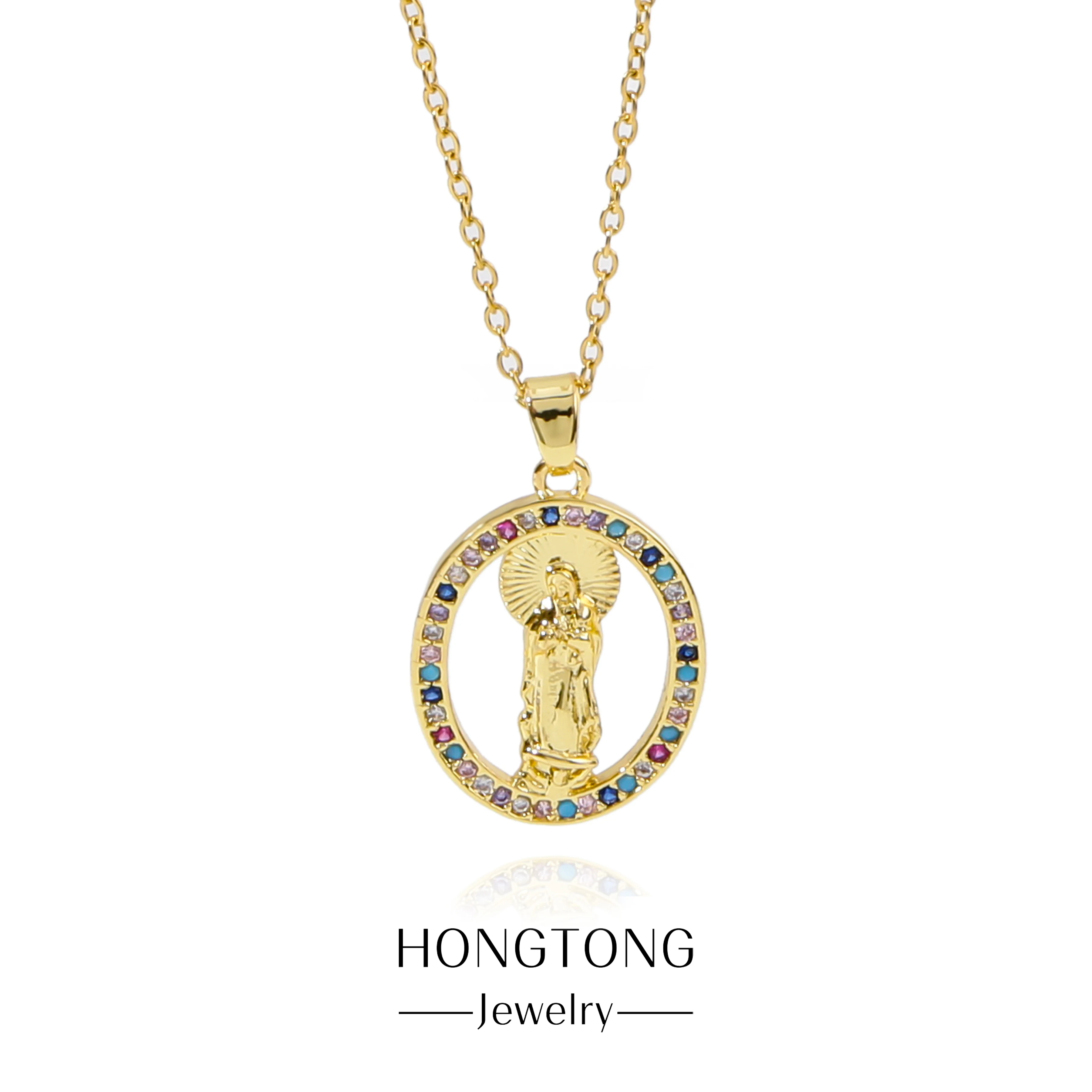 

HONGTONG Christian Faith Prayer Pendant Virgin Mary Colorful Rhinestone Random Inlaid Stainless Necklace Fashion Commuter Women