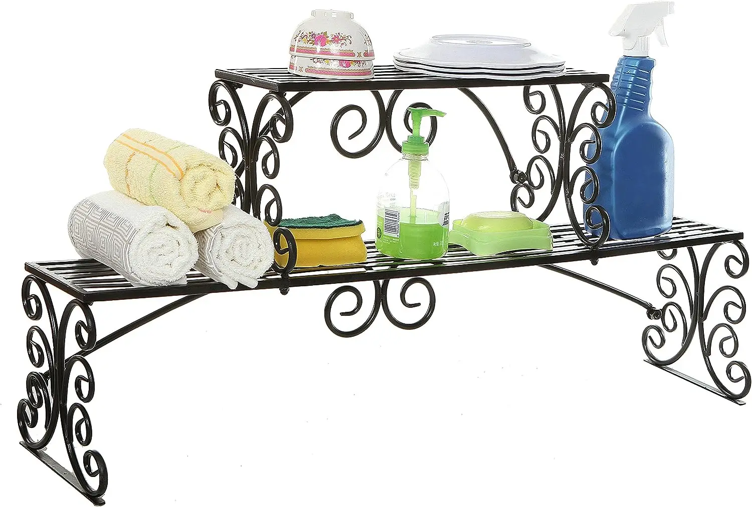 

Metal Over The Sink Shelf with Scrollwork Design, 2 Tier Display Stand Organizer for Kitchen Accessories Silicone kitchen access