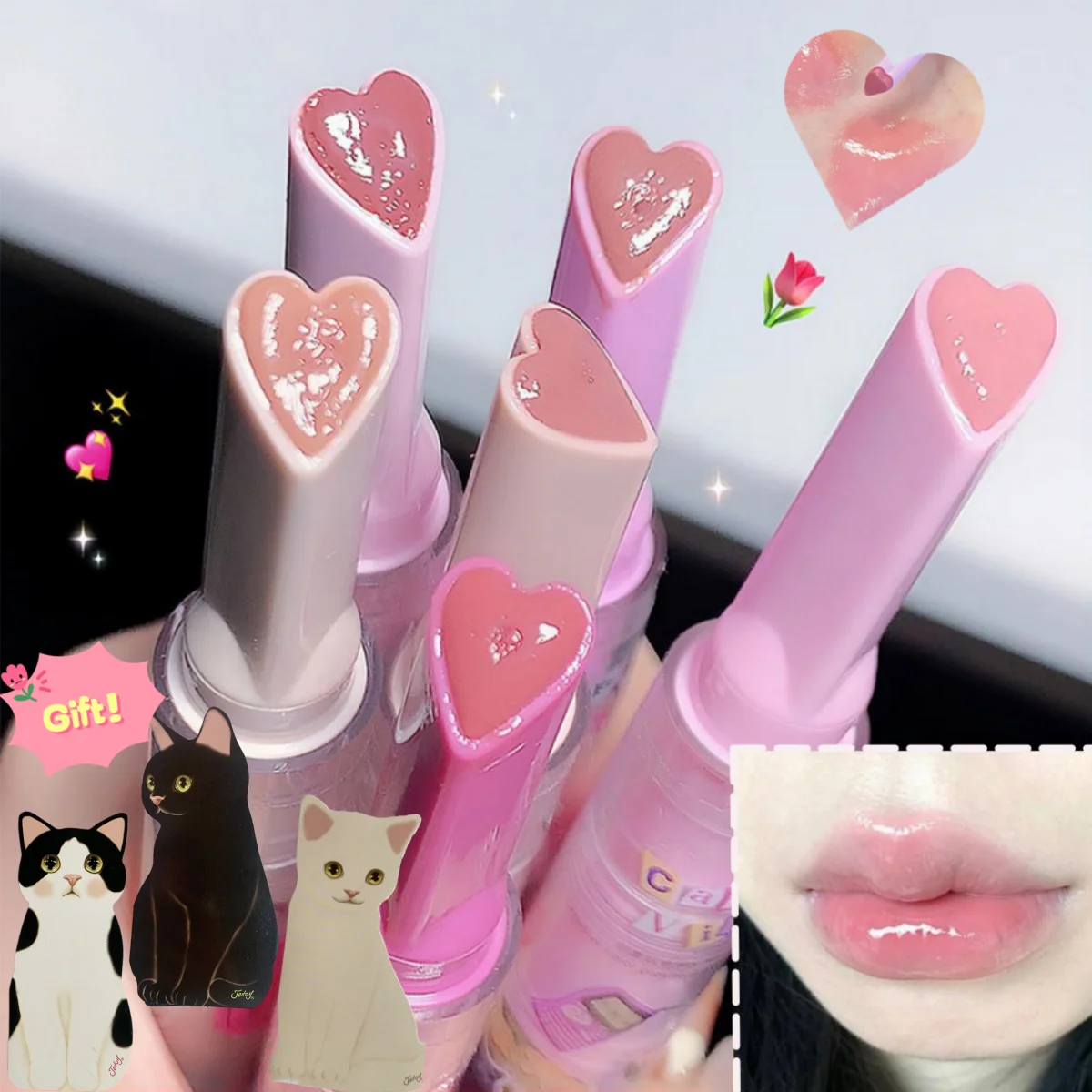 

FLORTTE Love Shape Lipstick Flower Jelly Water Lip Gloss Clear Light Hydrating Lip Tint Non-stick Cup Korea Cosmetic