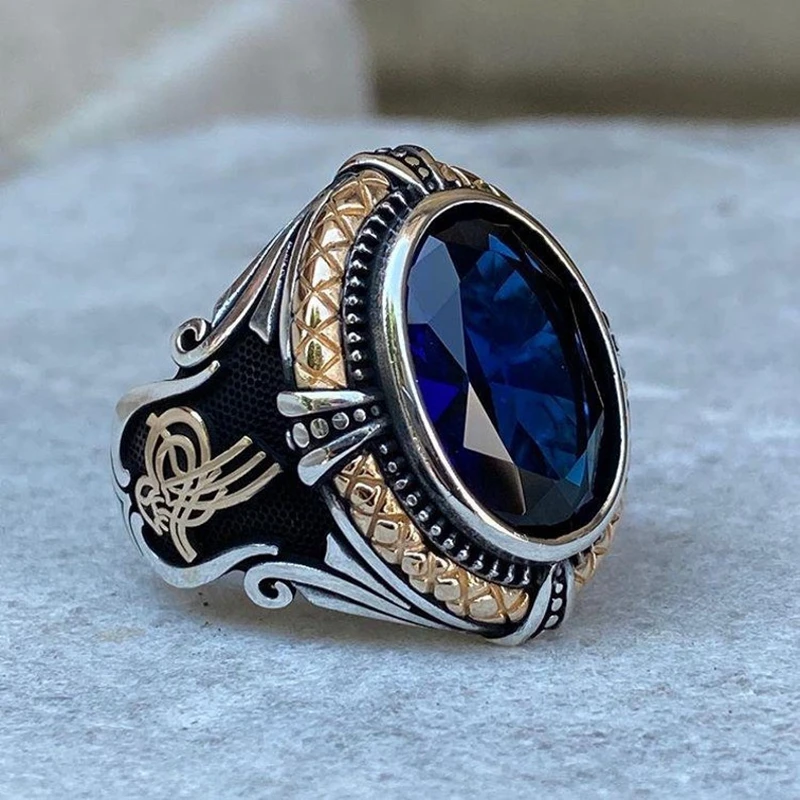 

Vintage Handmade Turkish Signet Ring for Men Women Ancient Color Carved Pattern Ring Blue Zircon Inlay Punk Motor Biker