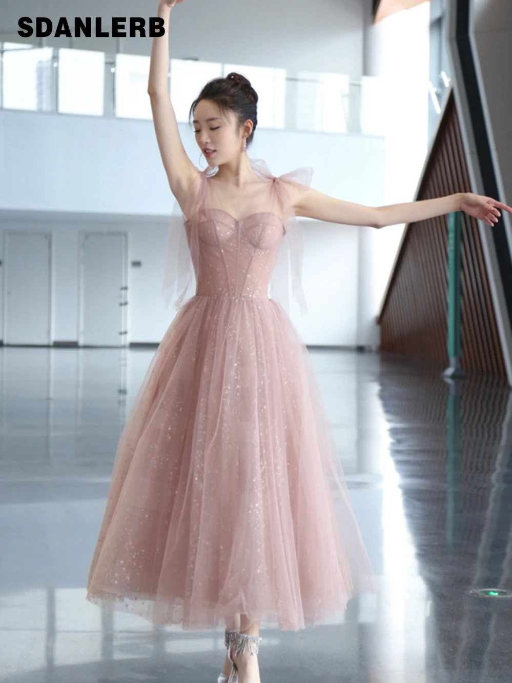 

Women's Dinner Formal Long Dress Summer New Sleeveles High Waist Elegant Pink Fairy Dress Temperament Mesh Party Maxi Dress