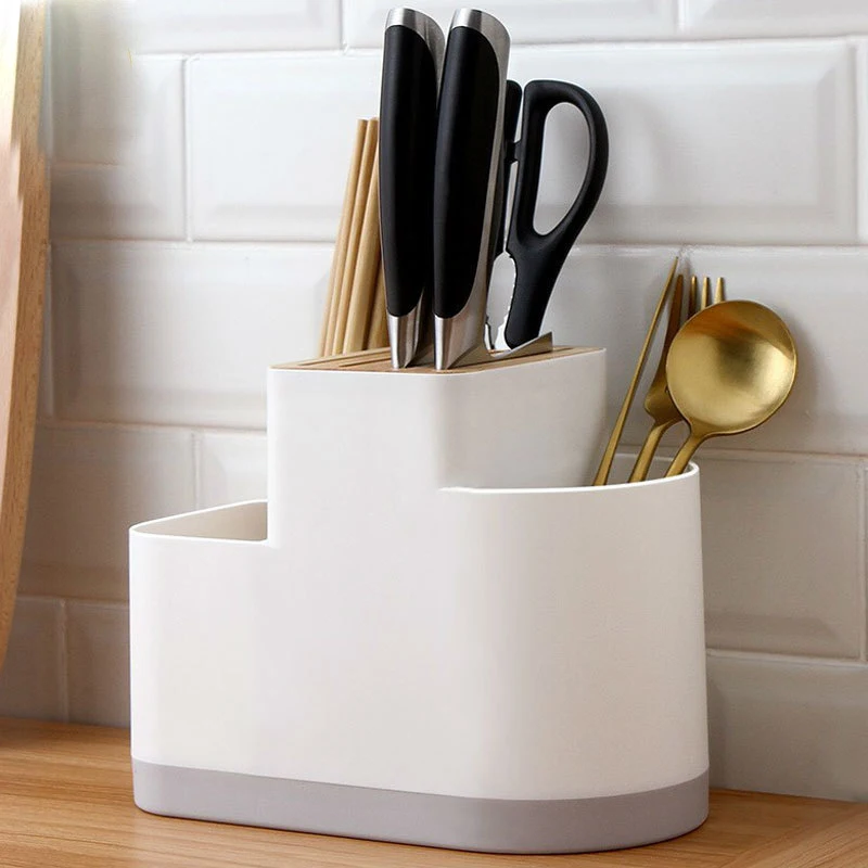 

Plastic Multifunction Storage Racks with Wooden Lid Chopsticks Spoon Kitchen Knife Storage Containers Kitchen Cabinet Organizer