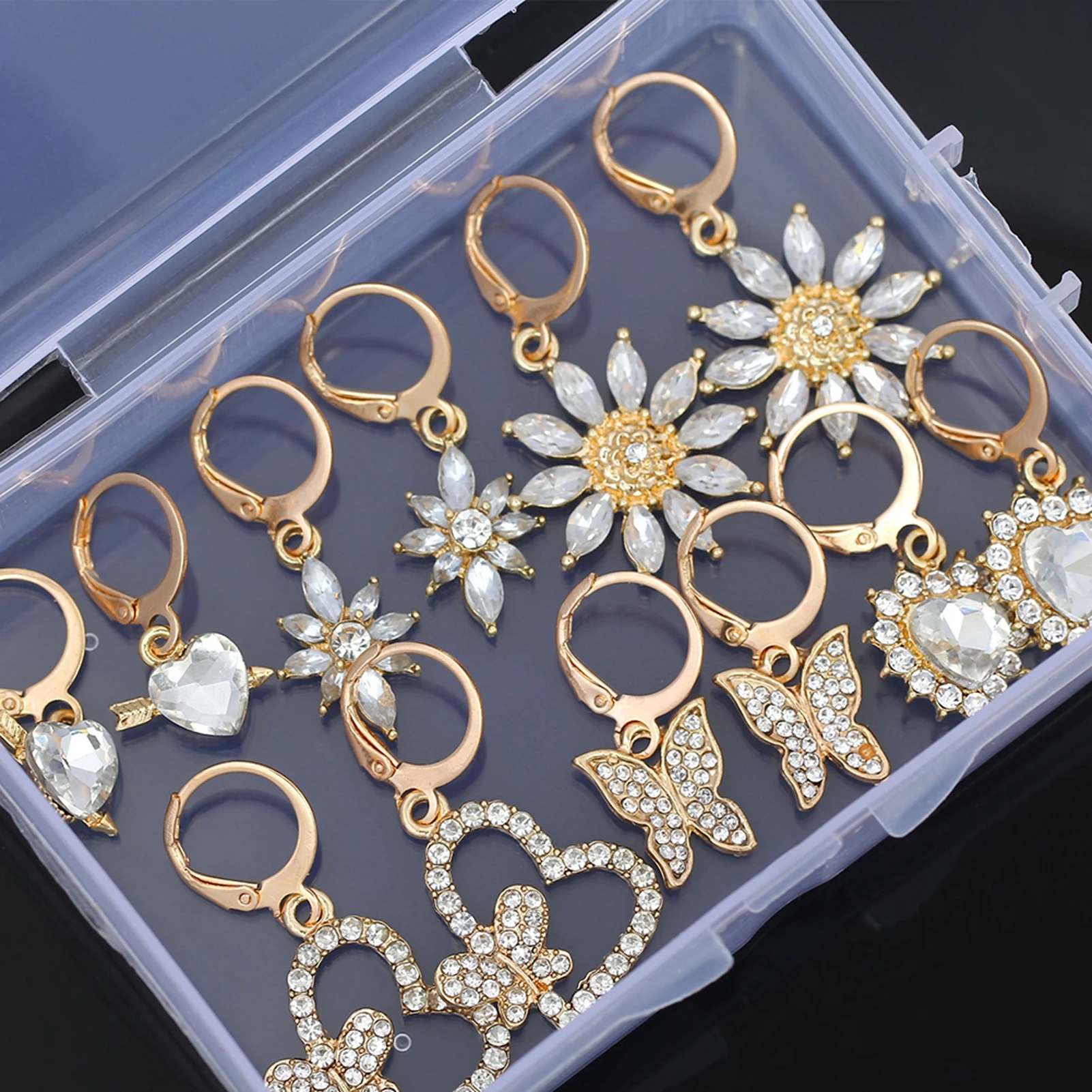 

JUST FEEL 6Pair/Box Shiny Crystal Butterfly Flower Drop Earrings Set For Women Trendy Gold Color Heart Dangle Earrings Jewelry