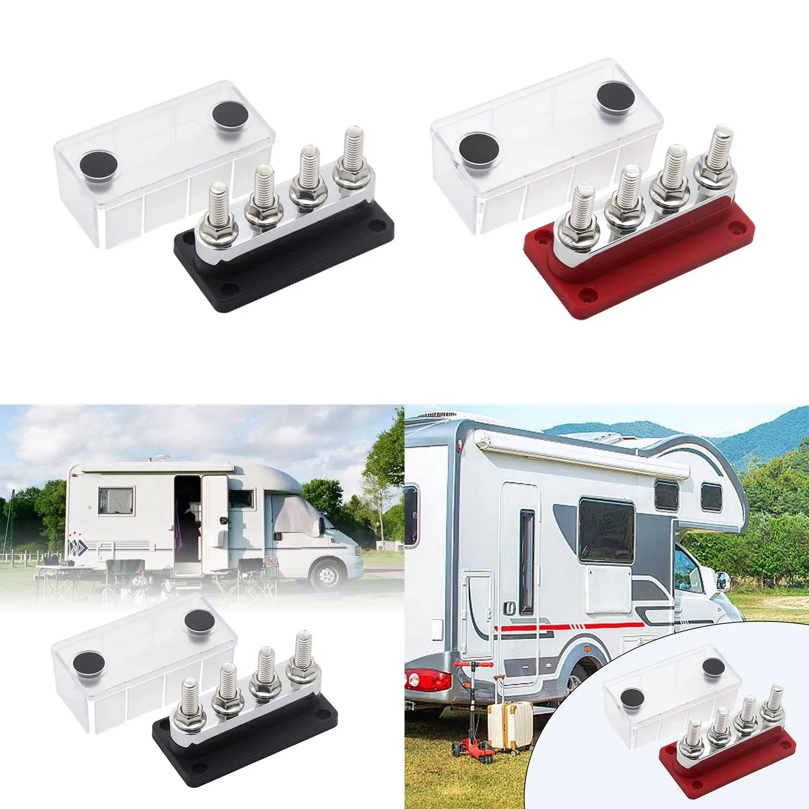 

48V DC Bus Bar Power Distribution Block Heavy Duty 4x 3/8inch Terminal Screws 600A Electrical Terminal Block for Automotive