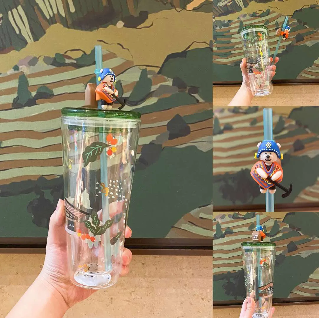 

2021 Star Daddy Coffee Farmer Bear Double Glass Straw Cup Large Capacity Glass Water Cup Gift Cup