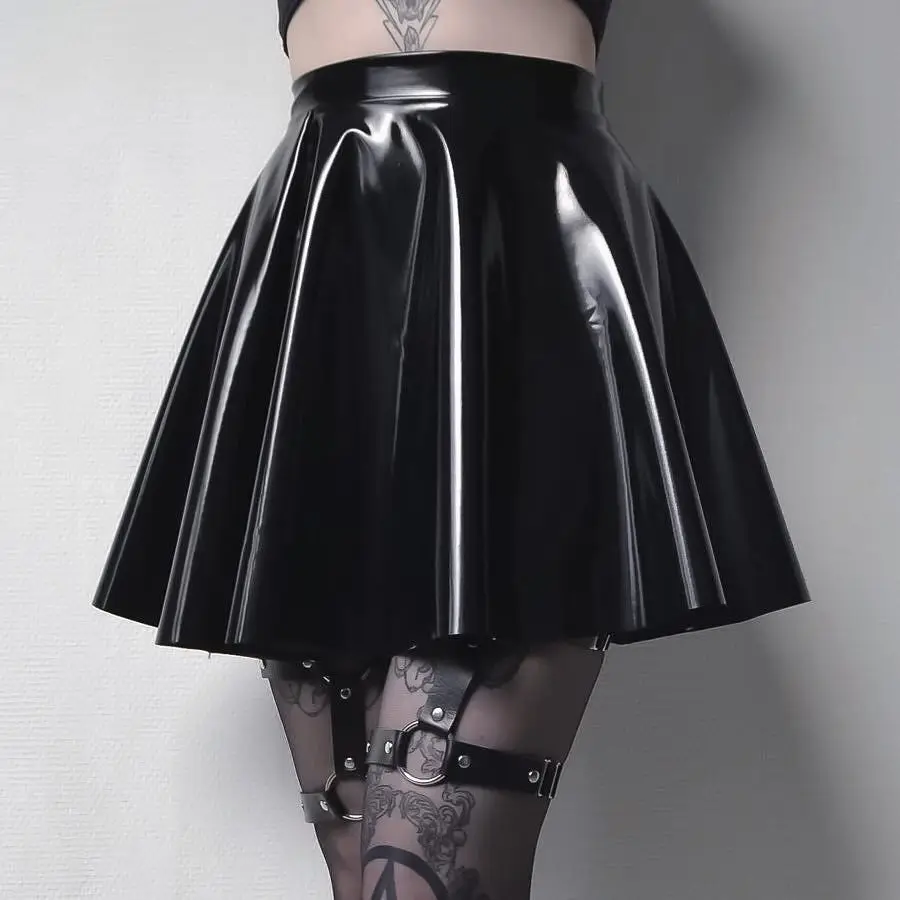 Женская кожаная юбка, модная плиссированная Пышная юбка из искусственной кожи с зеркальной лакированной кожей, черная юбка-полубоди, бесплатная доставка