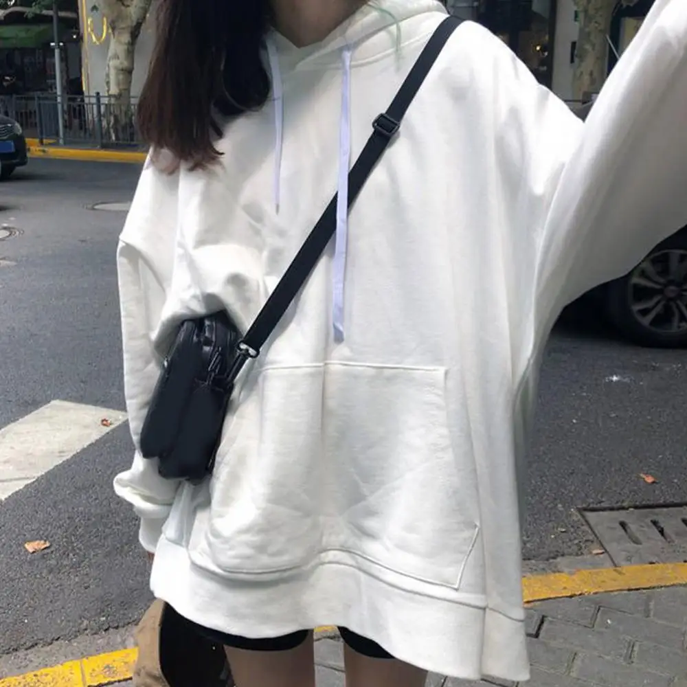 

Long Sleeve Women Hoodie Solid Color Loose Autumn Sweatshirt Pocket Mid-length