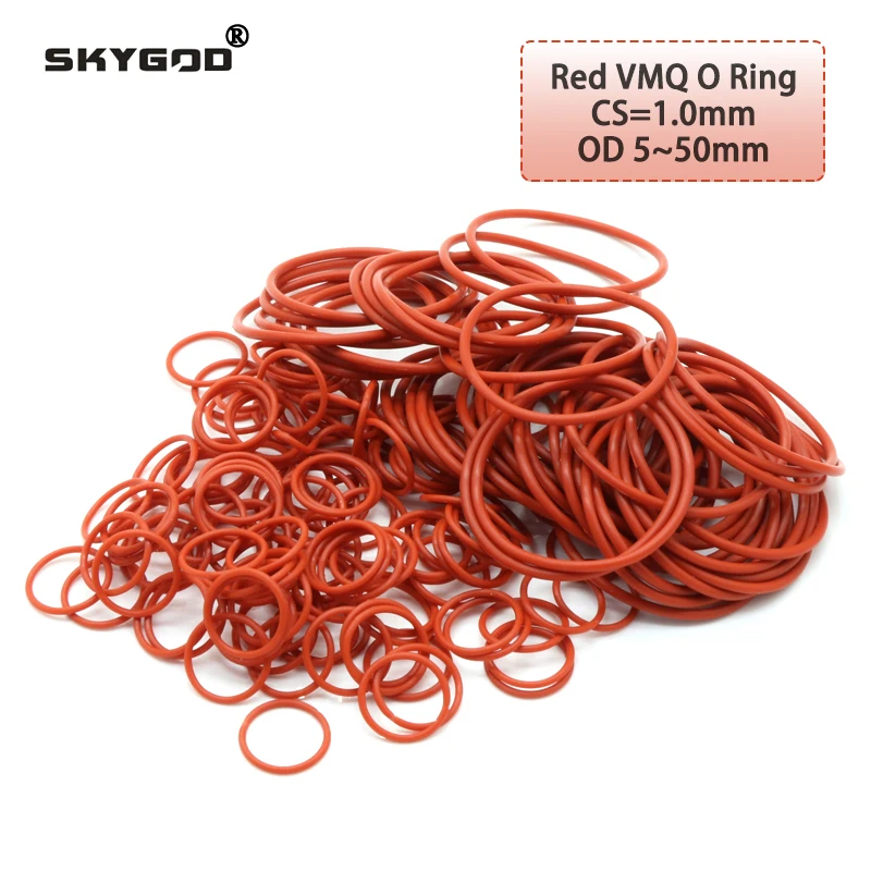 50Pcs Red VMQ O Ring Seal Gasket Thickness CS 1mm OD 5 ~ 50mm Silicone Rubber Insulated Waterproof Washer Round Shape Nontoxi