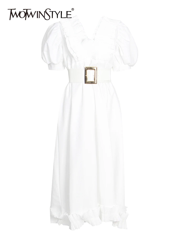 

TWOTWINSTYLE Sweet Slim Dresses For Women V Neck Puff Sleeve High Waist Solid Folds Dress Females Summer Fashion 2022 Style New