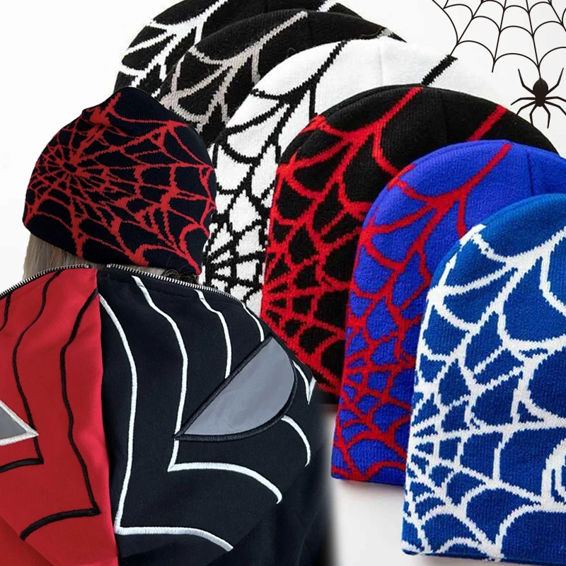

Knitting Beanies Hats Unisex Y2k Casual Spider Web Jacquard Pattern Hat Winter Warm Skull Caps Gothic Paragraph Streetwear