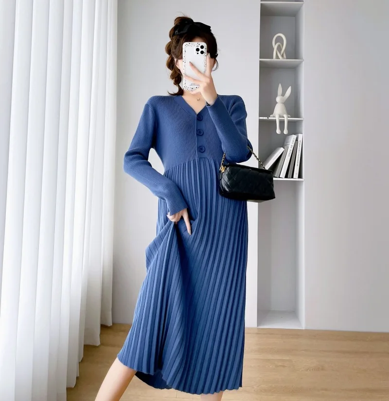 

Модное плиссированное платье для беременных с вязаными швами осень-зима 2023 облегающие платья с V-образным вырезом для беременных женщин Одежда для беременных