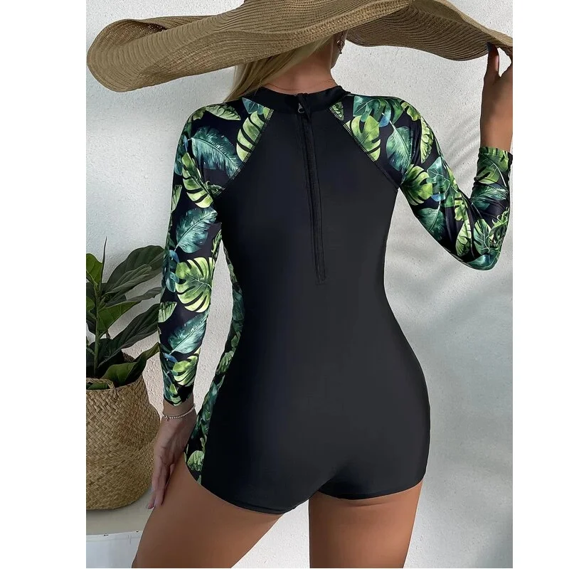 Floral One Piece Swimsuit Women 2022 Long Sleeve Swimwear Female Zipper Monokini Surfing Bodysuit Women's Swimming Suit New