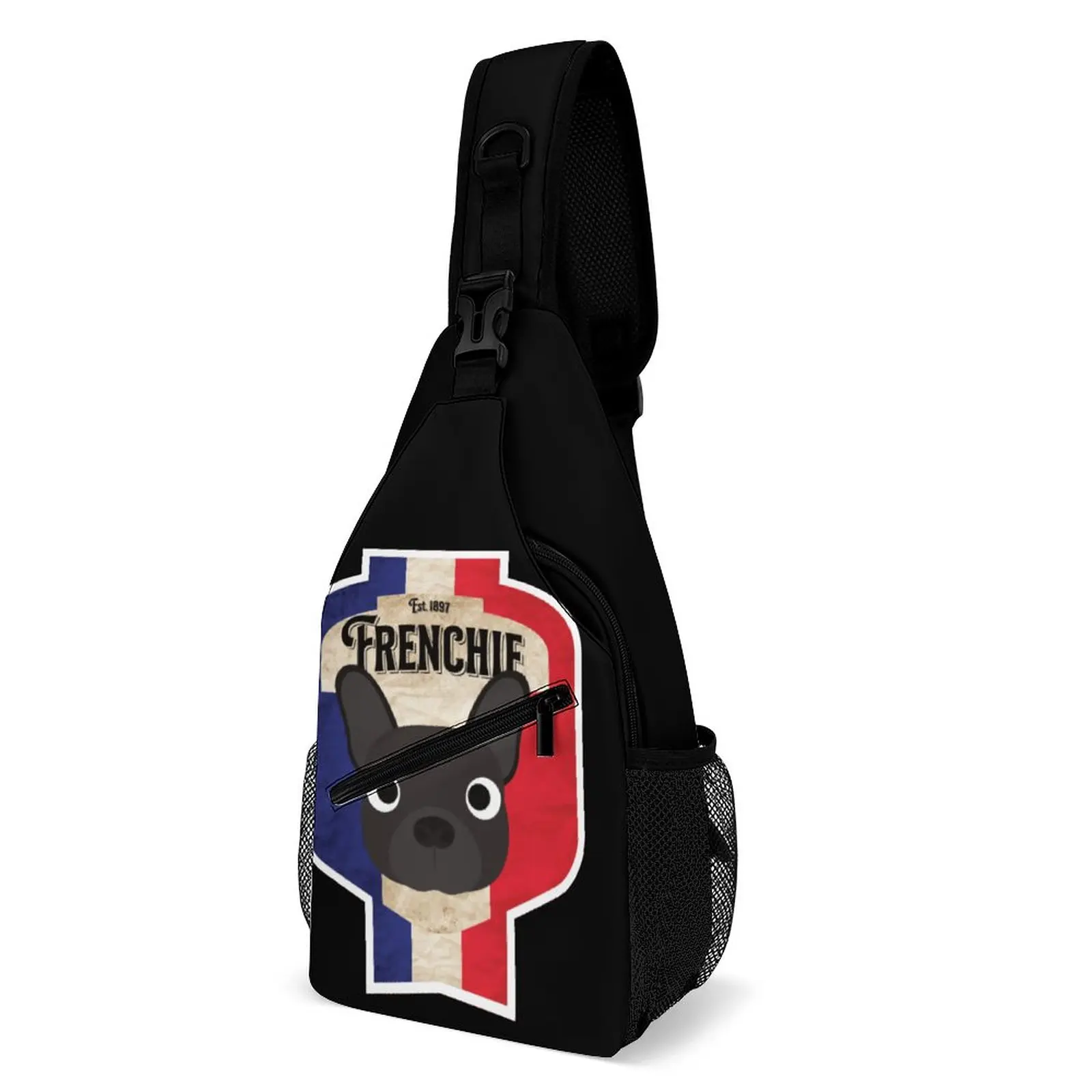 

Frenchie - Distressed French Bulldog Beer Label Design Full Printed Twill Chest Bag Cozy Secure Infantry Pack Schools Unique
