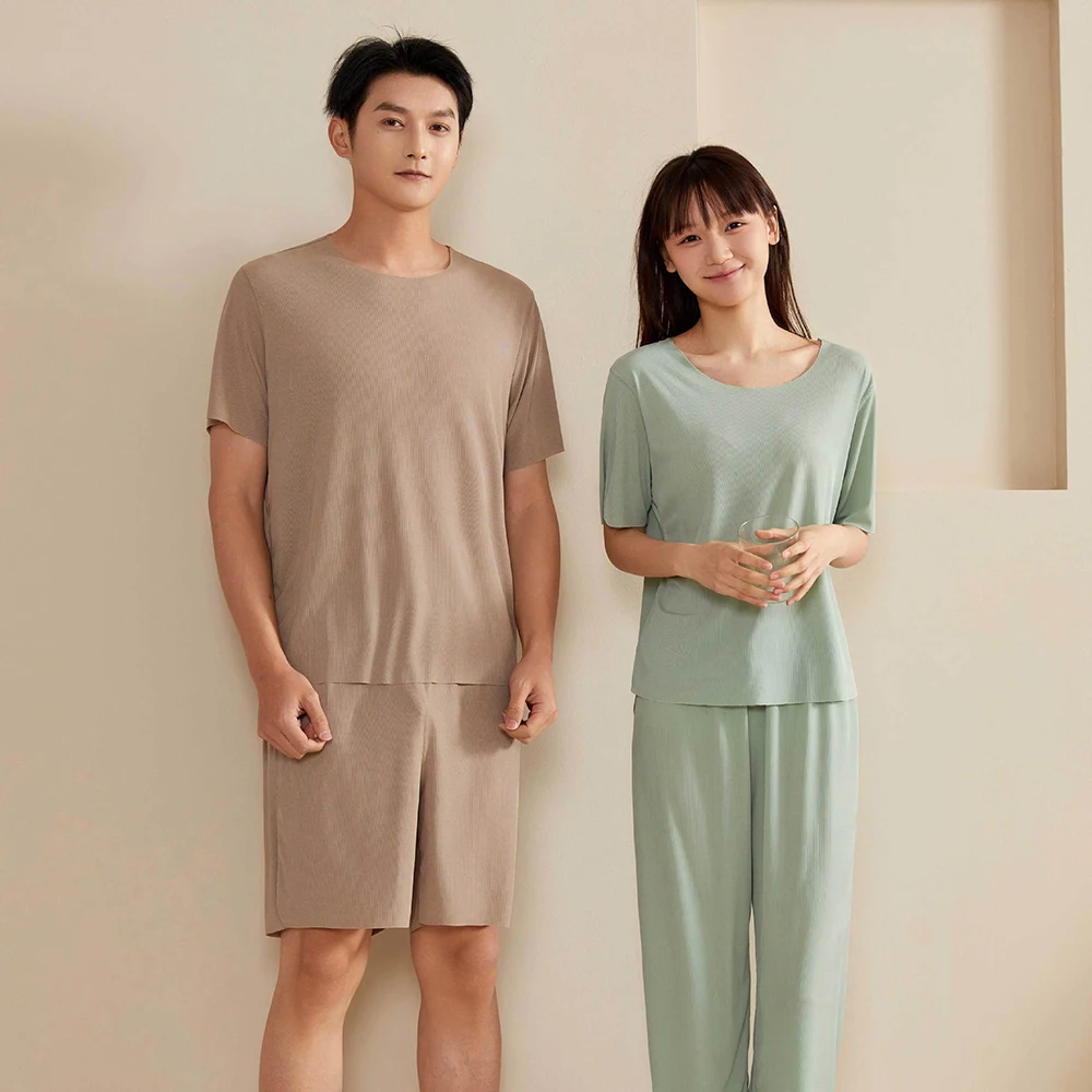 Summer Ice Silk Seamless Pajamas for Couples Summer Simple Short Sleeve Sleepwear Casual O Neck 4XL Men Pajama Sets pijama mujer