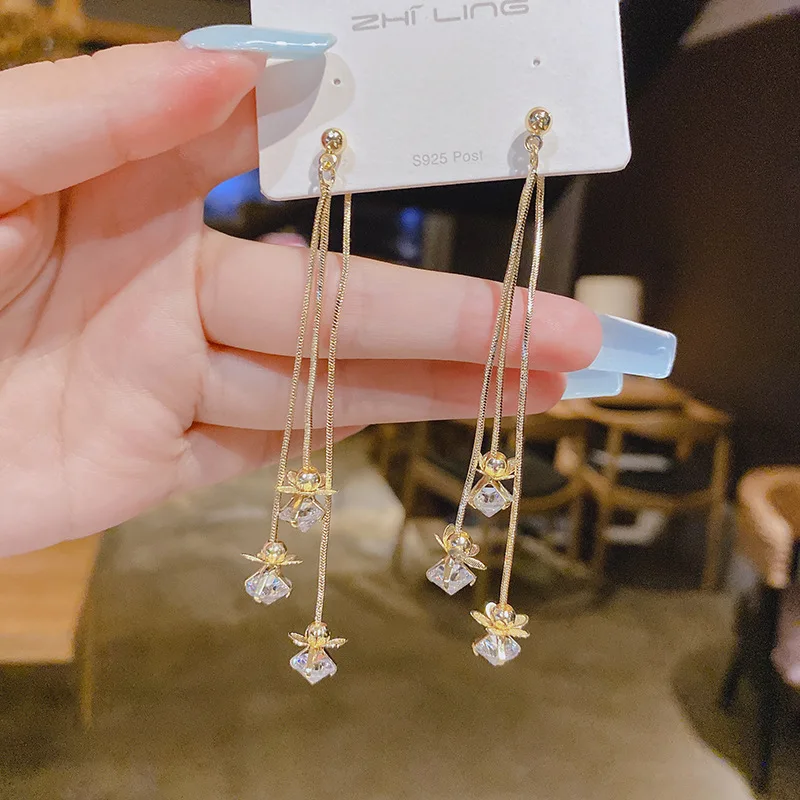 

S925 Silver Needle 2022 Summer Chen Lu Flower Earrings Temperament Long Tassels Slim Earrings Wear Ear Lines At The Front Back