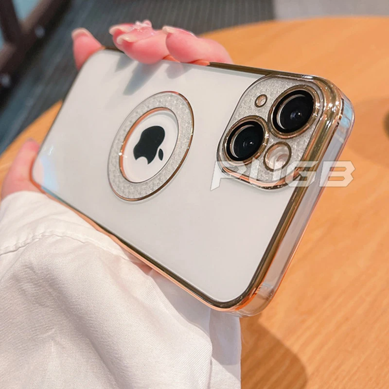 

Luxury With Lens Protector Hollow Logo Glitter Diamod Case For iPhone 13 12 11 Pro Max Transparent Silicone Shockproof Cover