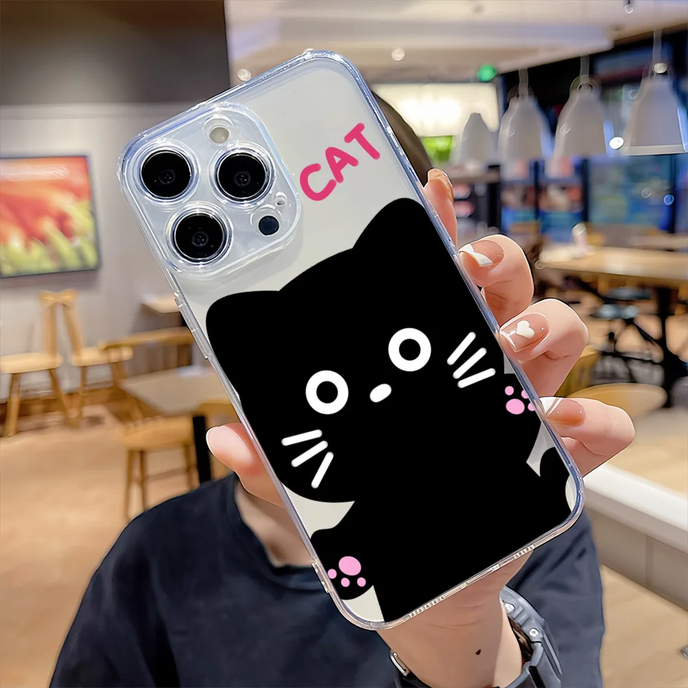 Простой Черный удивительный котенок для IPhone 16 15 14 13 12 11 Pro Max Plus прозрачный