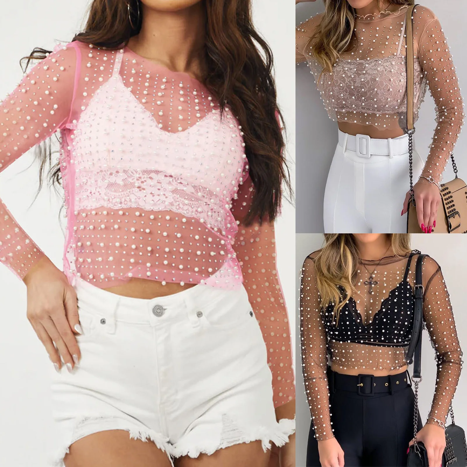 

Женские топы Y2K, полупрозрачный сетчатый Блестящий кроп-топ с жемчужинами, сексуальная прозрачная блузка с длинным рукавом, летние повседневные женские футболки