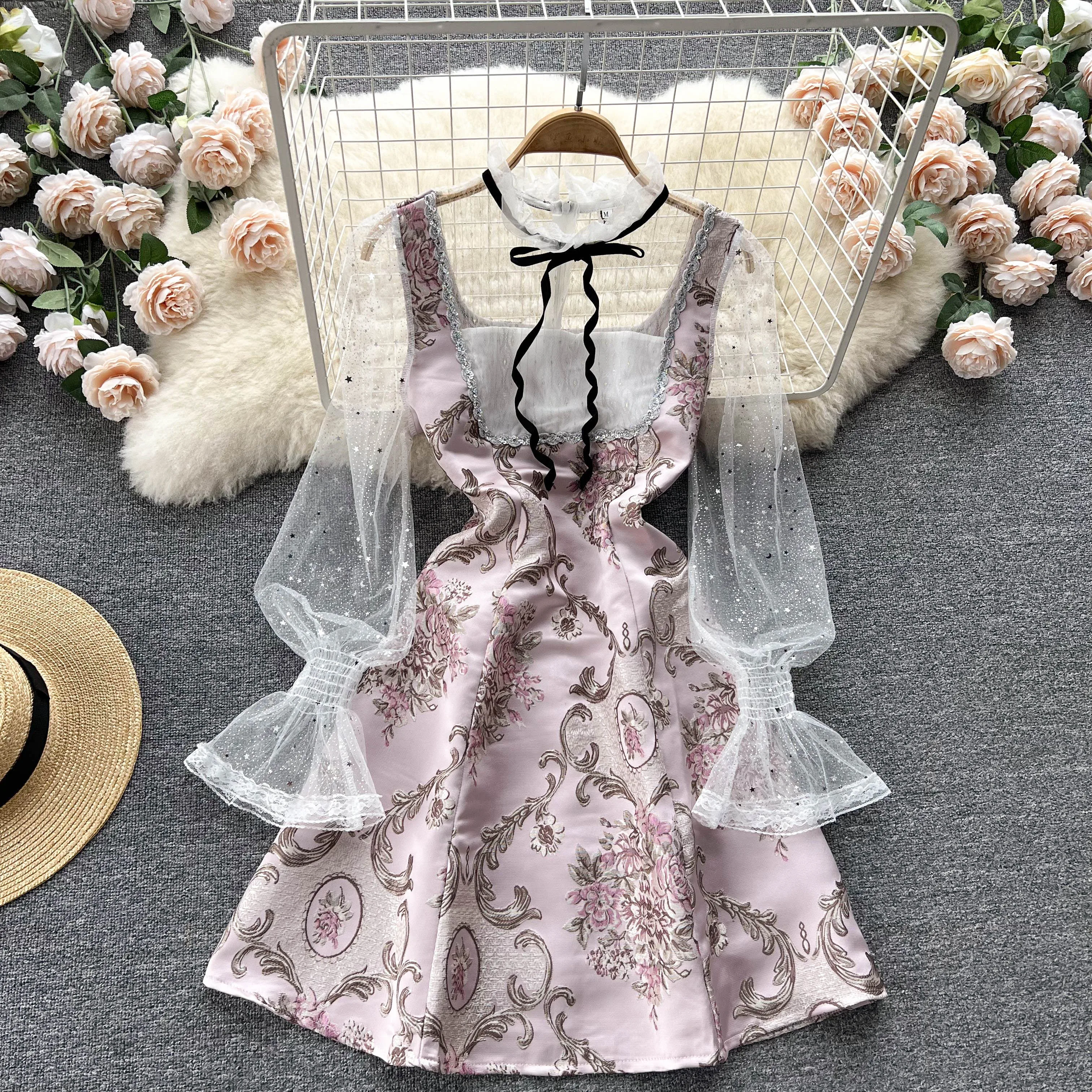 

D181 Women New Fashion Spring Autumn Stand Neck Jacquard Gauze Long Sleeve Slim A-line Short Dress Elegant Vestidos