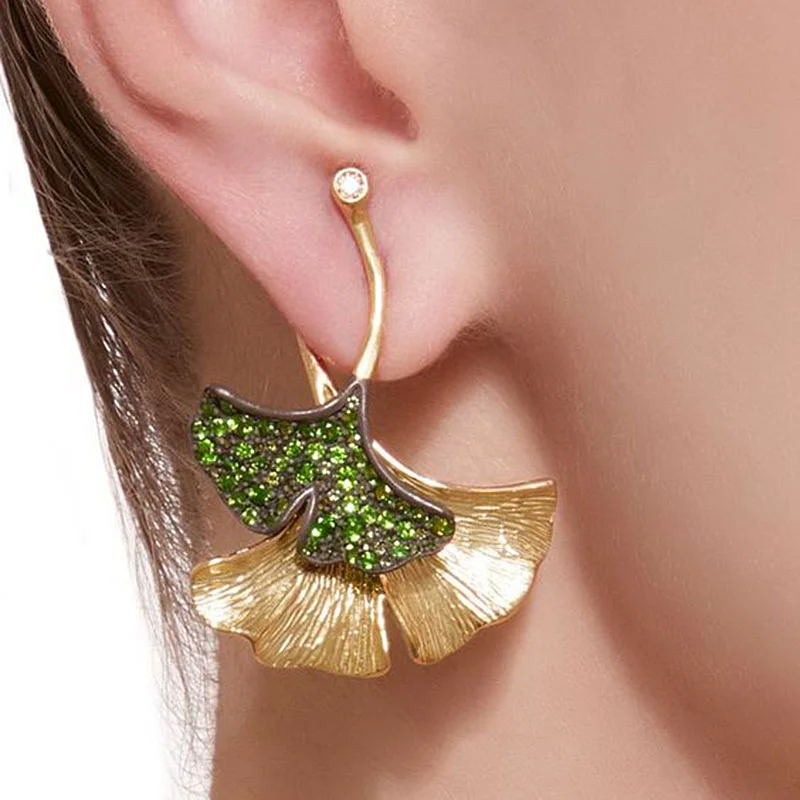 

2019 Boho Gold Color Earrings Green Crystal Ginkgo Biloba Double Leaves Drop for Women Fashion Fine Jewelry O3D274