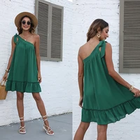 sexy dress women fashion solid color loose pleated ruffled stitching dress women one shoulder lace up slash neck backless dress