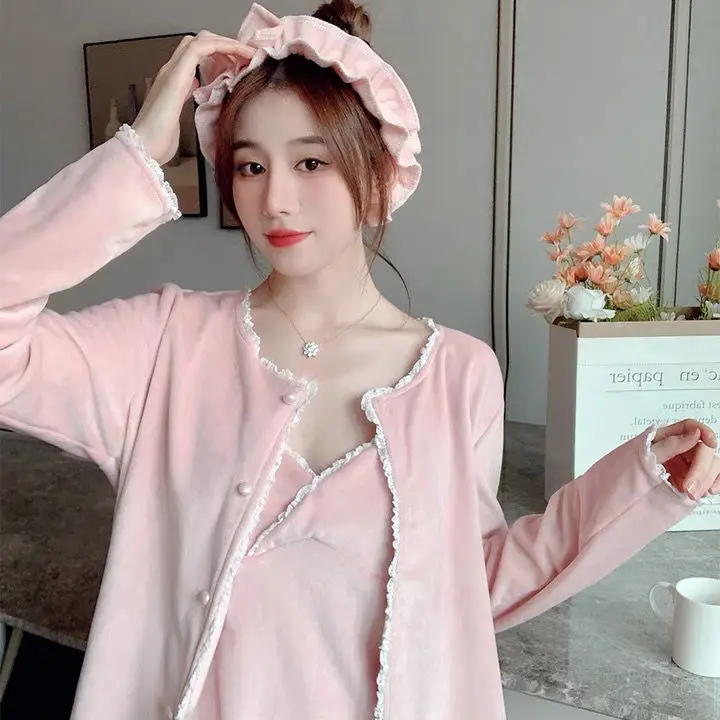 2022 Spring New Fashion Comfortable Pajamas Women Three-piece Sexy Suspenders Long-sleeved Trousers Homewear Simple Style