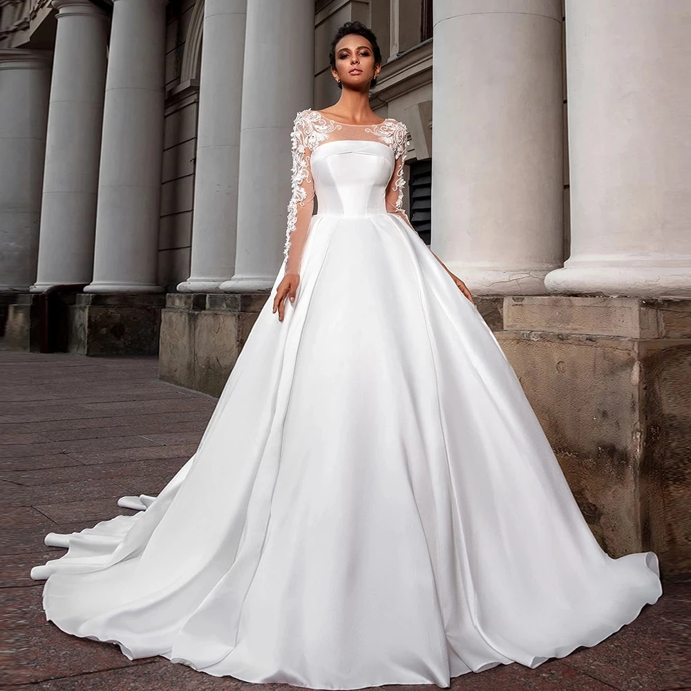 

LUOJO Wedding Dress Elegant Princess Satin O-neck A-line Long Sleeve Appliques Flowers Simple Bride Dresses Vestido De Novia