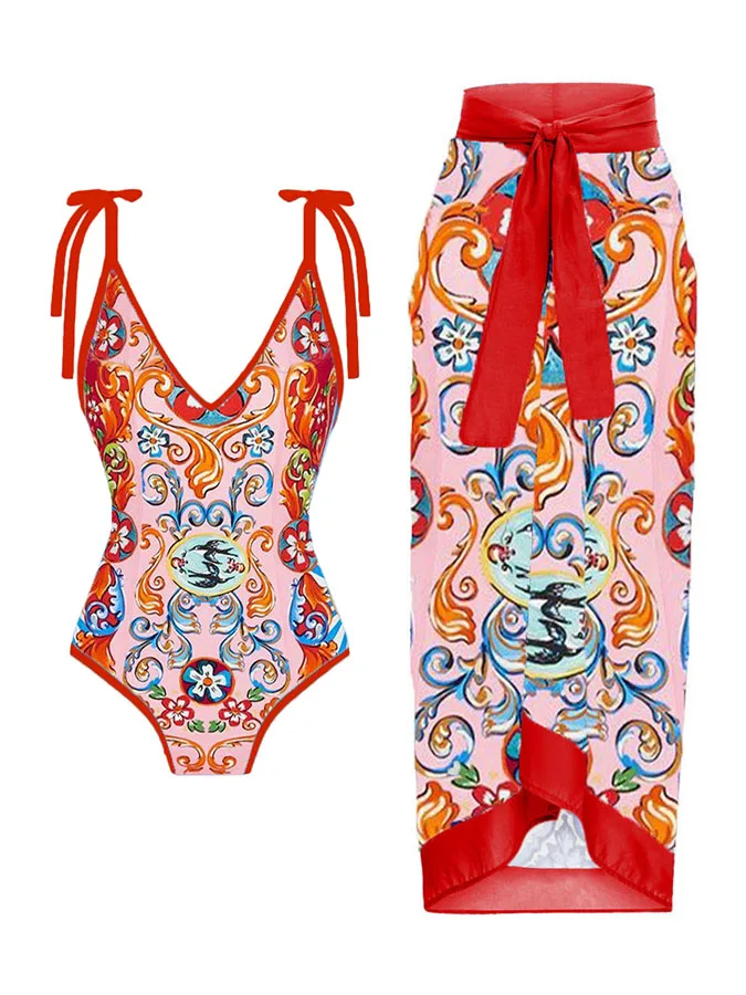 

One Piece Bow V-neck Swimsuit Women Fashion Beachwear Cover Up Beach Bikini