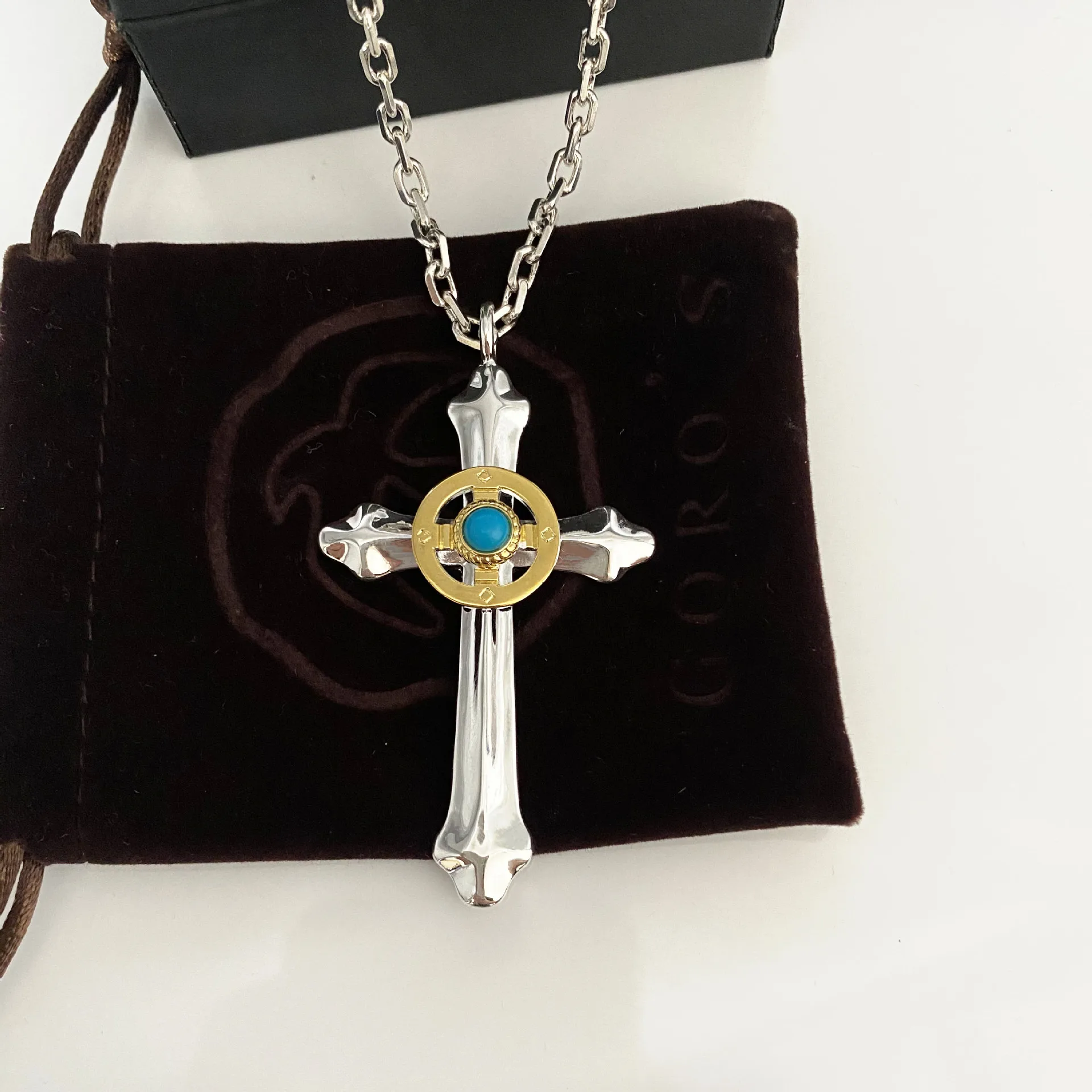 

Inlaid Turquoise Cross Pendant Lovers Necklace too angle chain