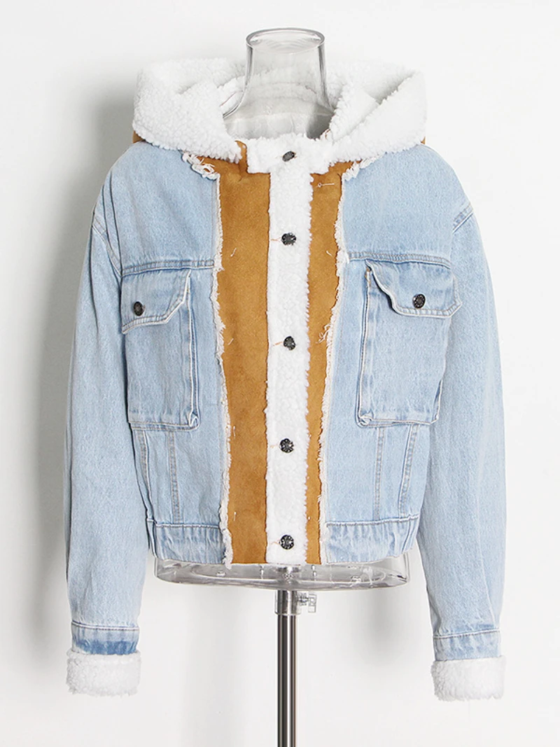Women Furry Denim Jacket Autumn and Winter Contrast Color Stitching Large Pocket Lamb Wool Coat