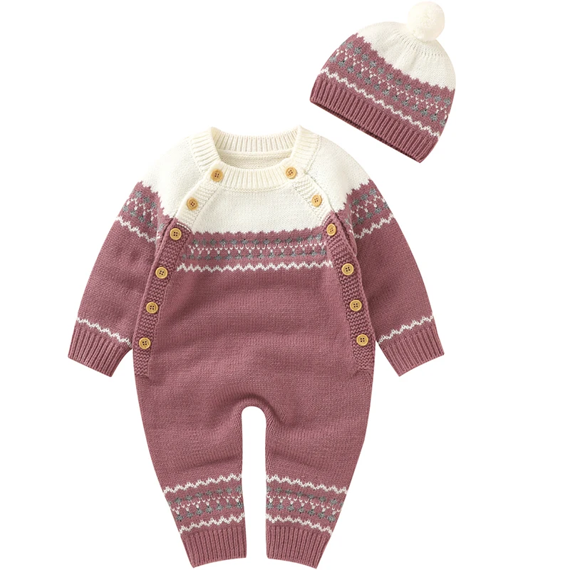 2022 Baby Rompers Knitted Print Pattern Newborn Boy Girl Jumpsuits Cap Outfit Set Autumn Winter Toddler Infant Overall Clothes